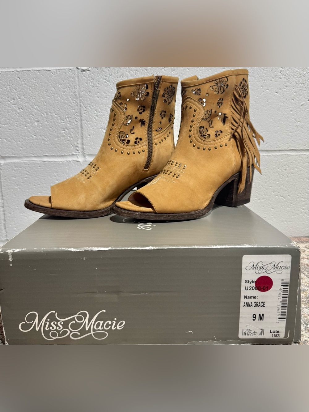 Miss Macie Anna Grace Tan Suede Peep-Toe Ankle Boots
